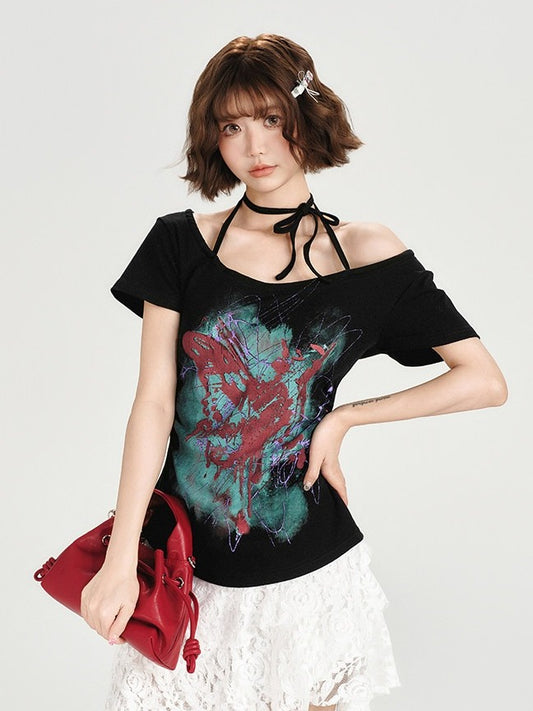Retro Off-the-shoulder Short Sleeve Top with Halter Neckline Design - Girlyhalo