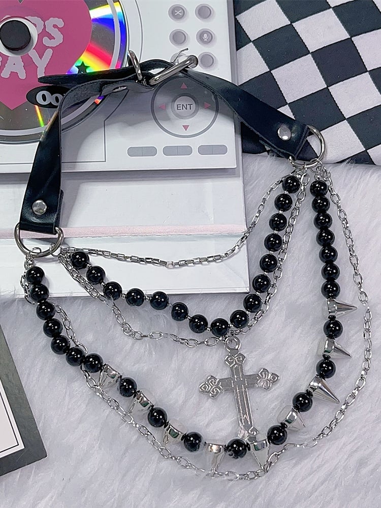 Ohrstecker Schwarze Perlenkette Silber Anhänger Verziert Und Kreuz