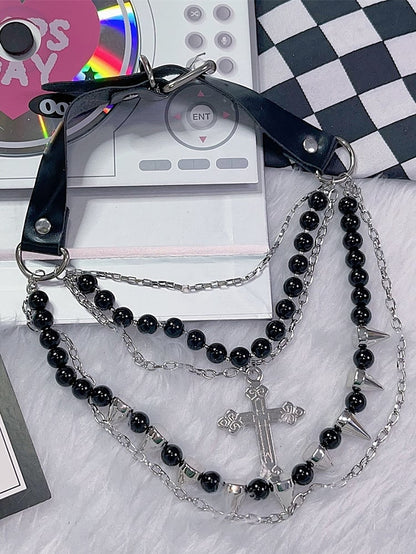 Ohrstecker Schwarze Perlenkette Silber Anhänger Verziert Und Kreuz