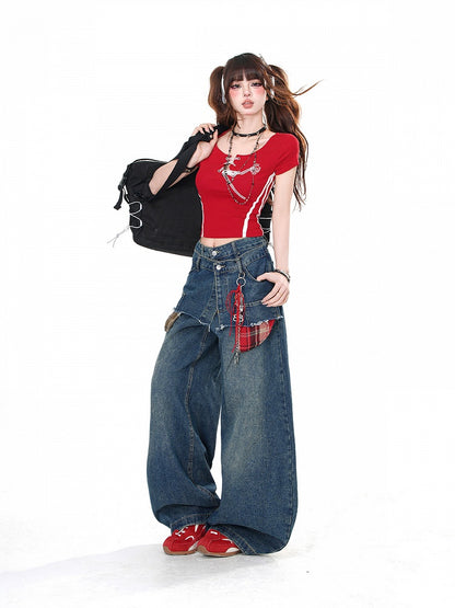 Red/Black Round Neck Glamorous T-shirt with Lace-up Detail at Front