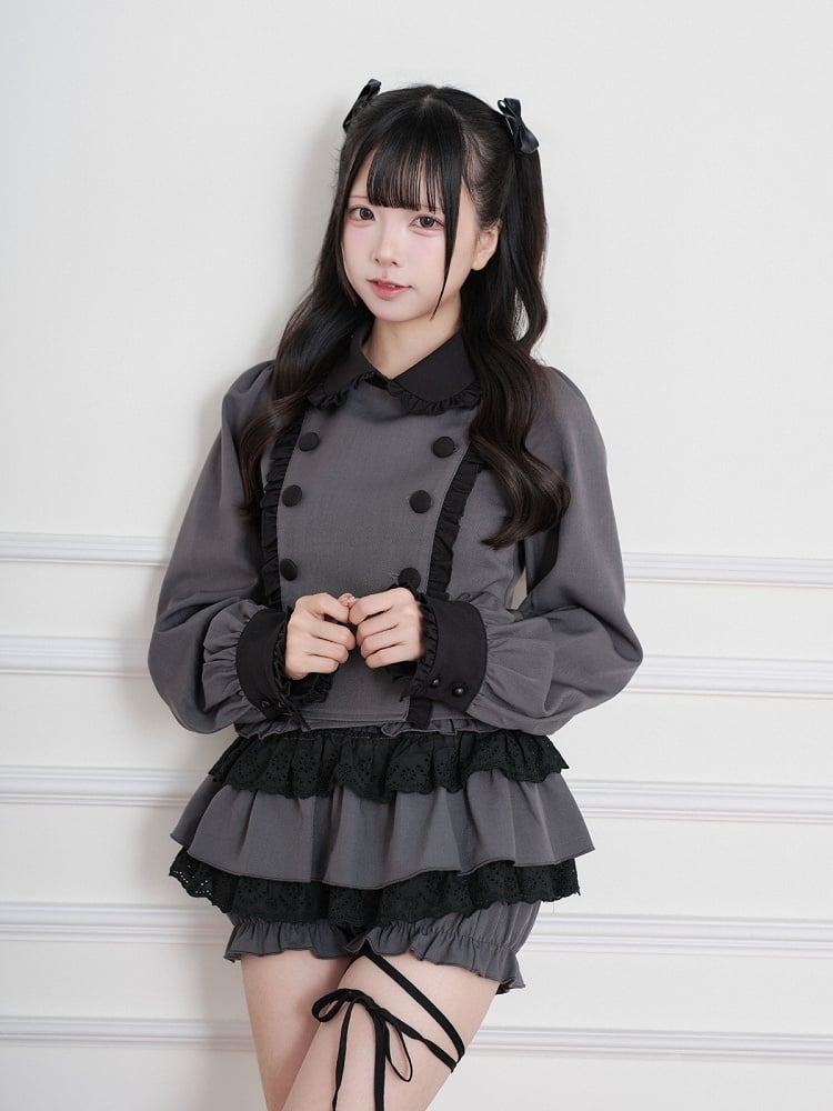 Black & Gray Jirai-Kei Peter Pan Collar Long-Sleeve Top, Double-Breasted & Ruffled - No Genki