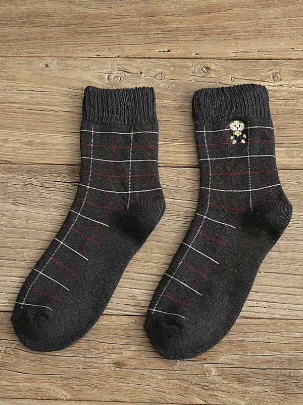 Dark Grey Cute Bear Striped Pattern Calf Socks