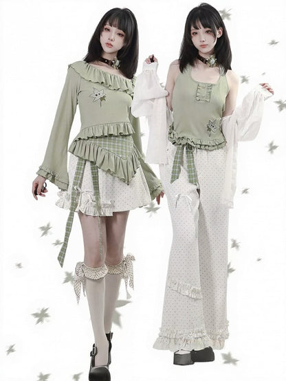 Light Green Asymmetrical Flare Sleeve Top with Ruffle and Leaf Embroidery - PINK SAVIOR