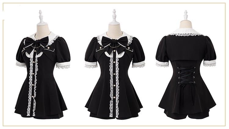 Shorts Bow Sleeve Set: Black Two-Piece Short Kei with Detachable and Jirai Faux Top Brooch