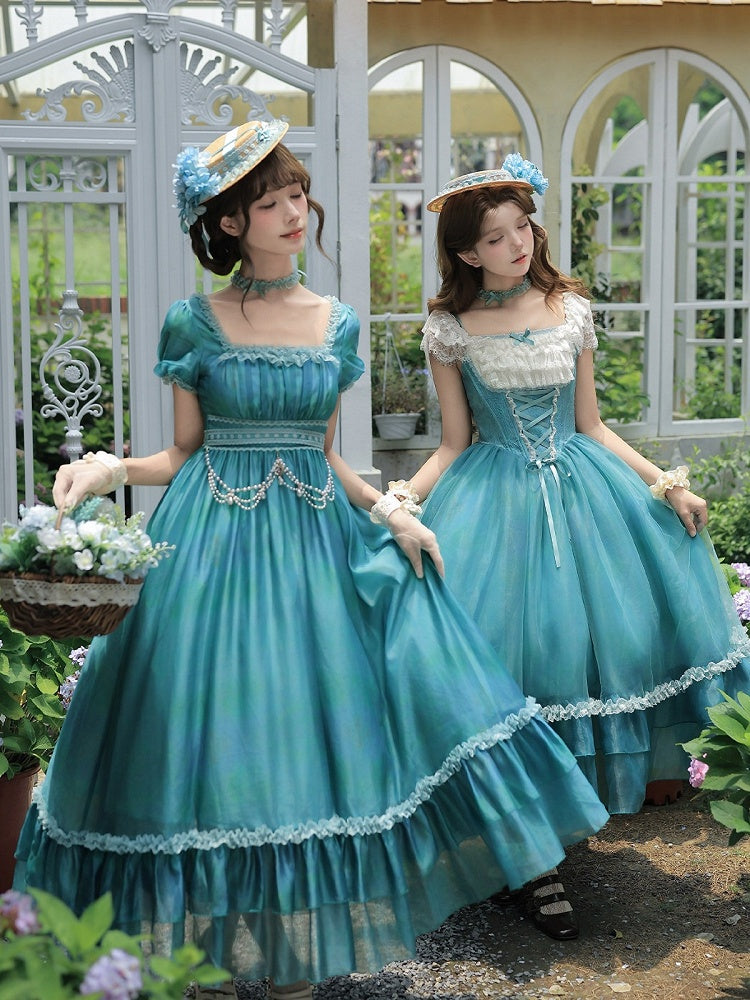 Ruffle Teal Lolita Dress with Chain, Choker & Hat Set - Classic - With PUJI