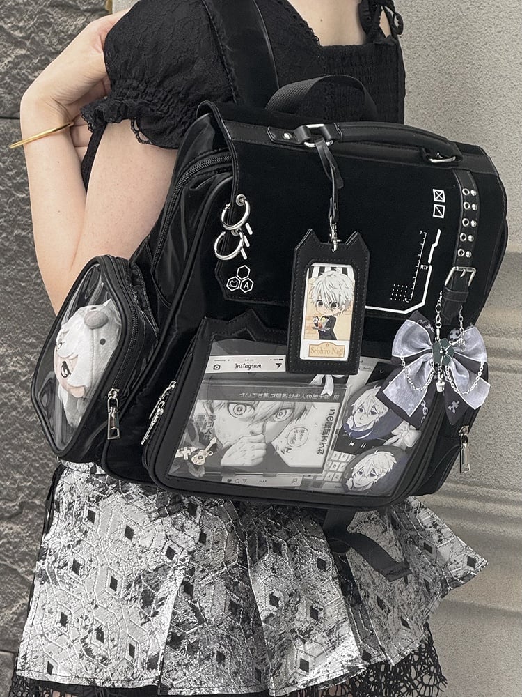 Ear Holder Cute Kitty - Black PU Ita with Comes Card Charm Backpack