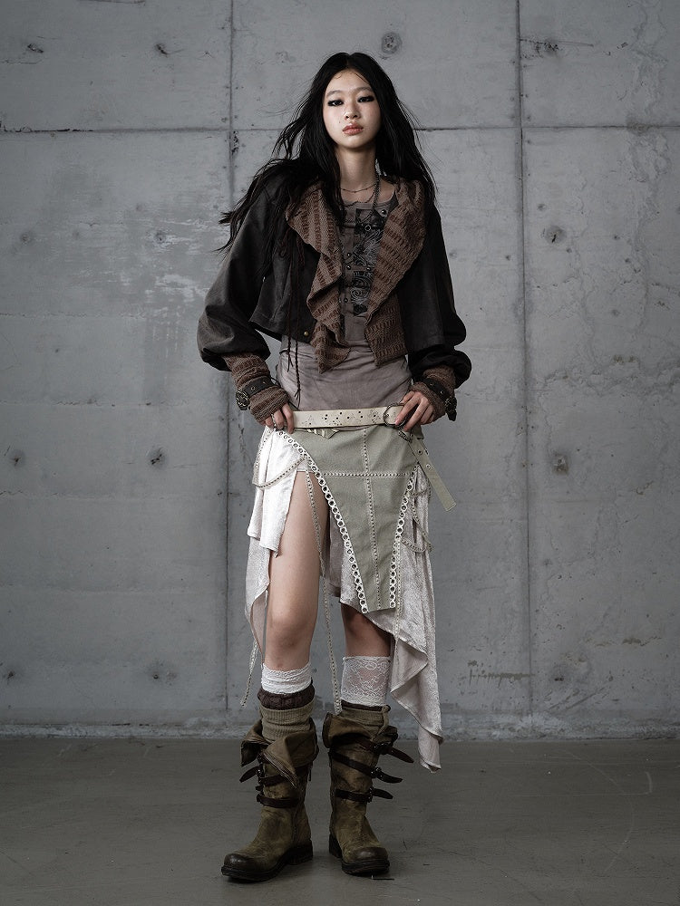 Dark Vintage Knit Jacket Hoodie with Green Paneling Suede