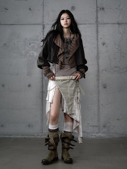 Dark Vintage Knit Jacket Hoodie with Green Paneling Suede