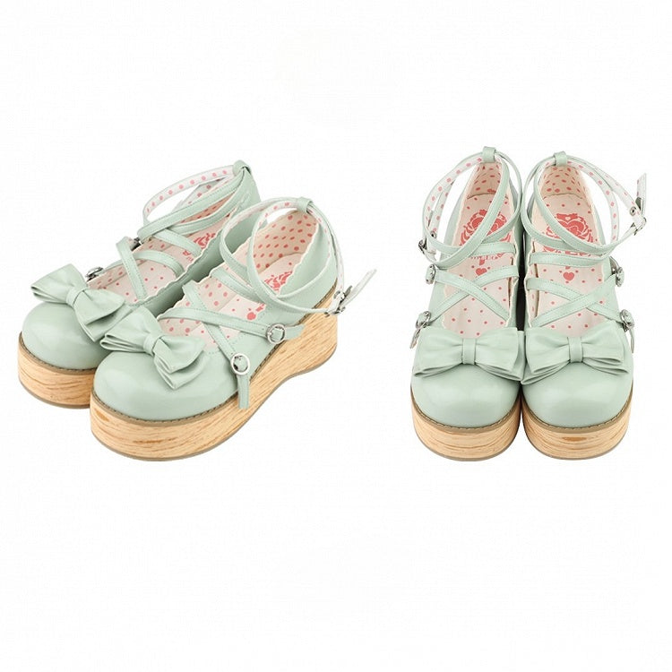 Platforms Sweet Heels Bow Middle Crisscross PU Grass Top - at Lolita Round Toe Design Green