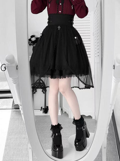 Gothic Jirai Kei Black High-Waist Skirt with Mesh Overlay & Cross Charm