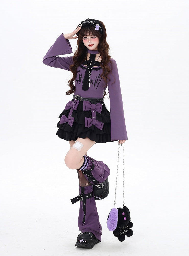 パープルの裏地付きレッグウォーマー、ティアードスカート、クロスボウノットストラップ付き、ブラック