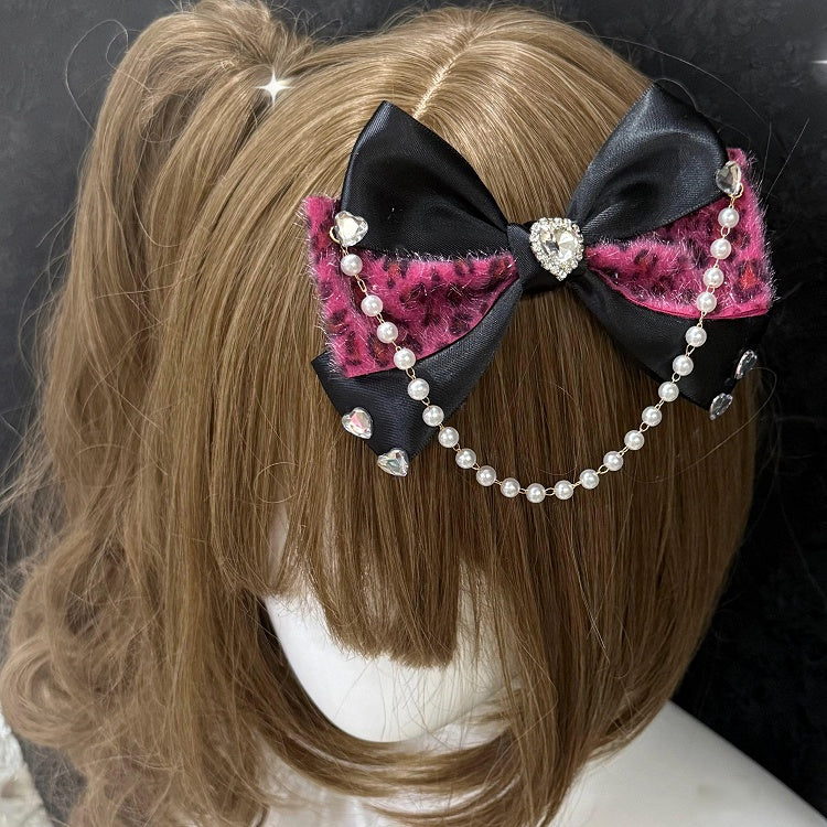 Bow Pearl 3 Color Print Chain Gem Leopard with Options Hairclip Heart and
