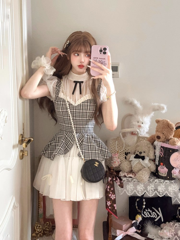 Dress Pattern Plaid Black Faux White Two-Piece With