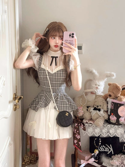 Dress Pattern Plaid Black Faux White Two-Piece With