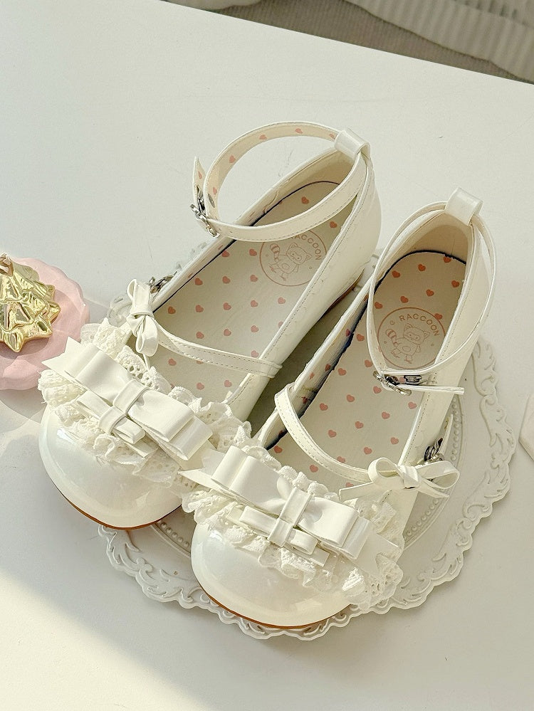 White Low-Heel Mary Janes with Ruffled Lace by Raccoon Toast