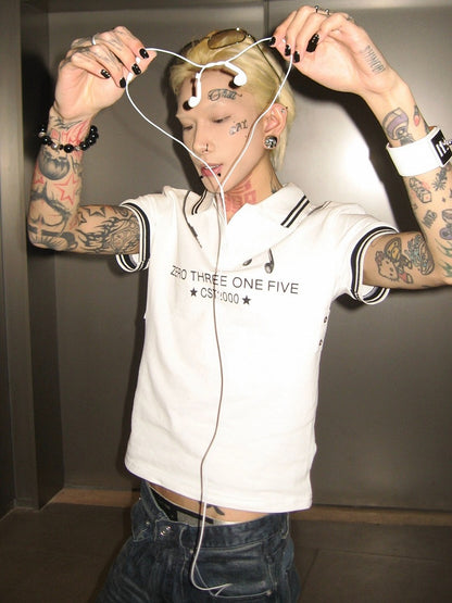 White Striped Polo Shirt with Headphone and Letter Print - DETW OnLine