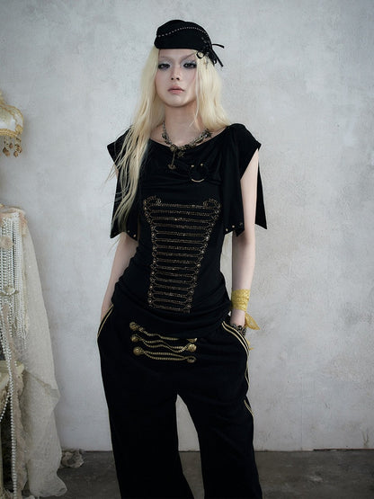 Black Knit Short-Sleeve Top with Rhinestone Design - NO ROMANCE