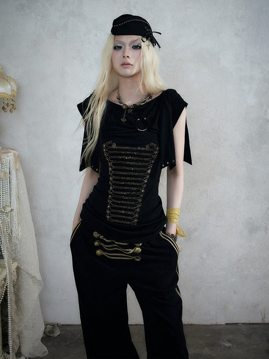 Black Knit Short-Sleeve Top with Rhinestone Design - NO ROMANCE