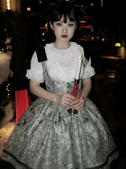 Basque Lolita Bust Jumper Skirt Under Waist Straps Shoulder Green Bowknot