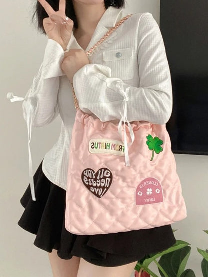 Sweet Pink Diamond Bag With Clover And Letter Embroidery Quilted Drawstring Shoulder