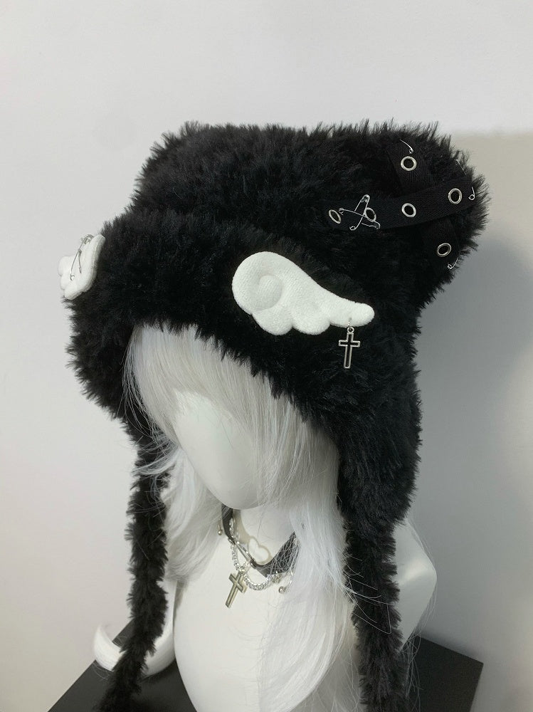 Black/White Cross Wing Pin Cat Ear Plush Hat