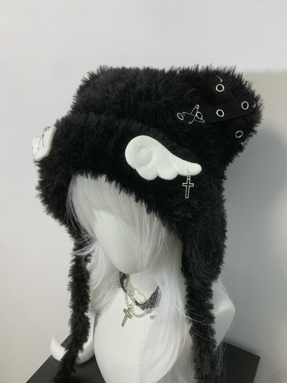Black/White Cross Wing Pin Cat Ear Plush Hat