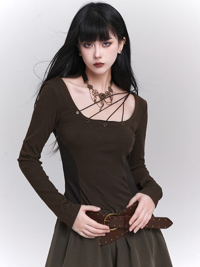 A-Line Maxi Eyelets Pockets with Coffee Dress Metallic Side Vintage