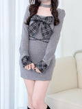 Innocent Jirai Knit with Bow Clean Dress Mini Gray Style | Kei Plaid Oversized