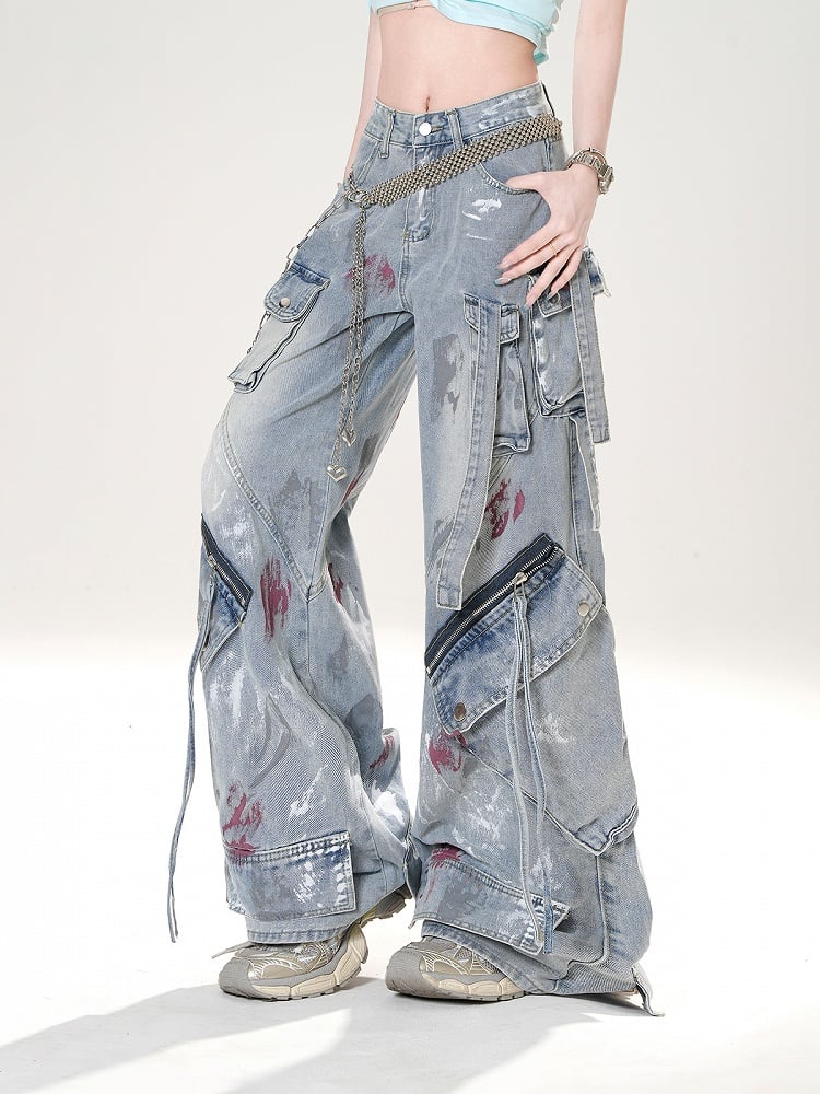 Niedrige Details Distressed Spray Paint Print Blau Weite Jeans Rise Zipper