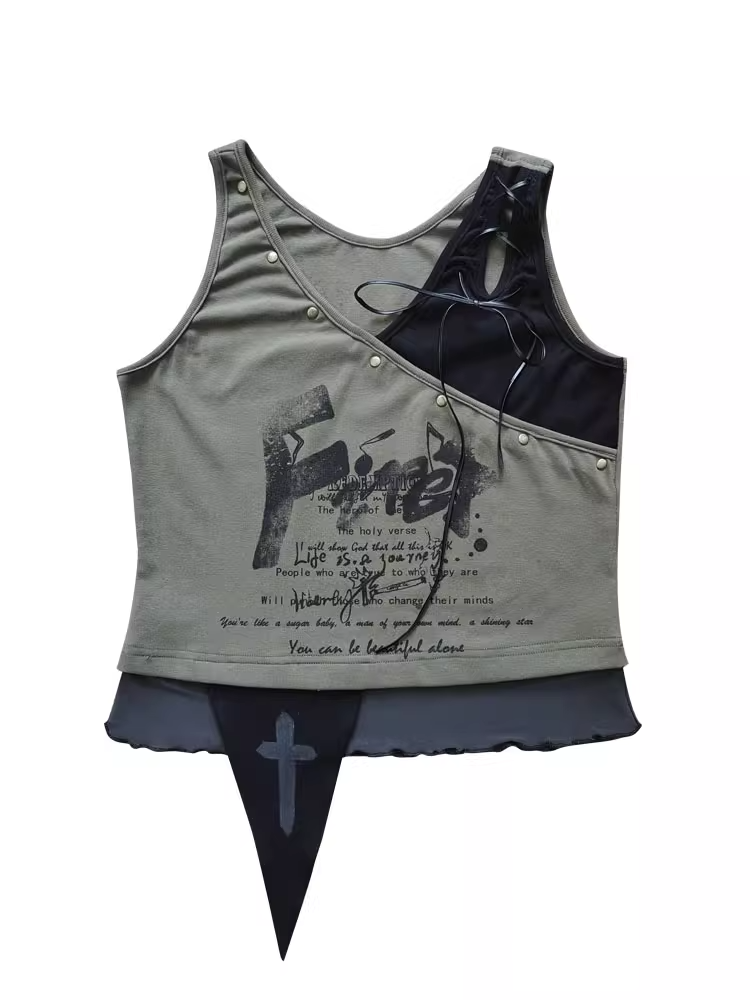 Grünes, geschnürtes Schulter- und asymmetrisches Saum-Tanktop Wasteland Punk Army