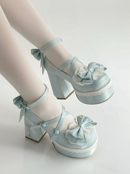 Blue Buckle Fork Embroidery Straps Heels Lace High Lolita Platform Block Bowknot