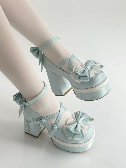 Block Straps Heels Embroidery High Buckle Lace Bowknot Lolita Platform Blue Fork