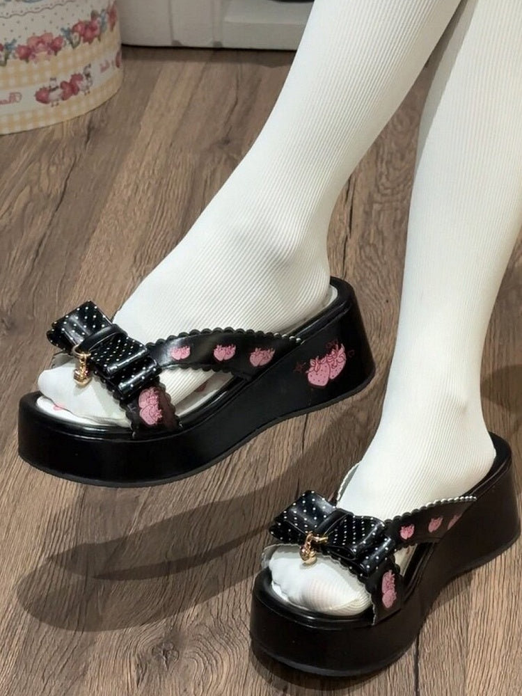 Strawberry-Print Black Chunky Sandals with Charm Accents - Witch's Night