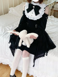 Dress Open Shoulder with Adjustable Heart Buckles and Handkerchief Hem and Jirai Kei Black White