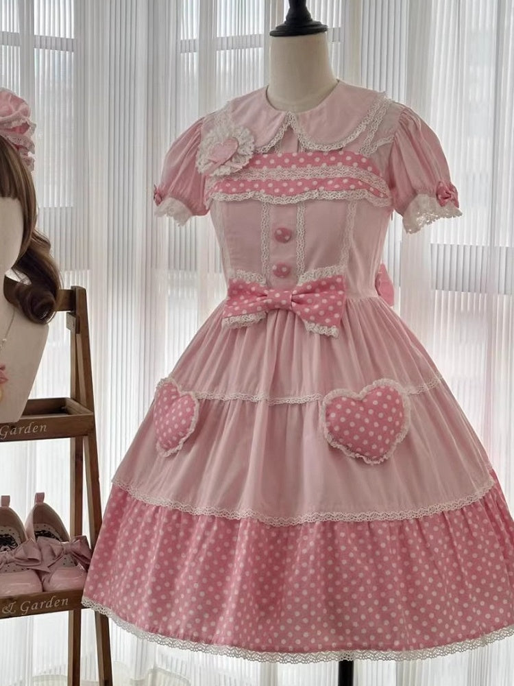 Baumwolle Alt Polka Pink Dots Schulkleid Lolita Weiß