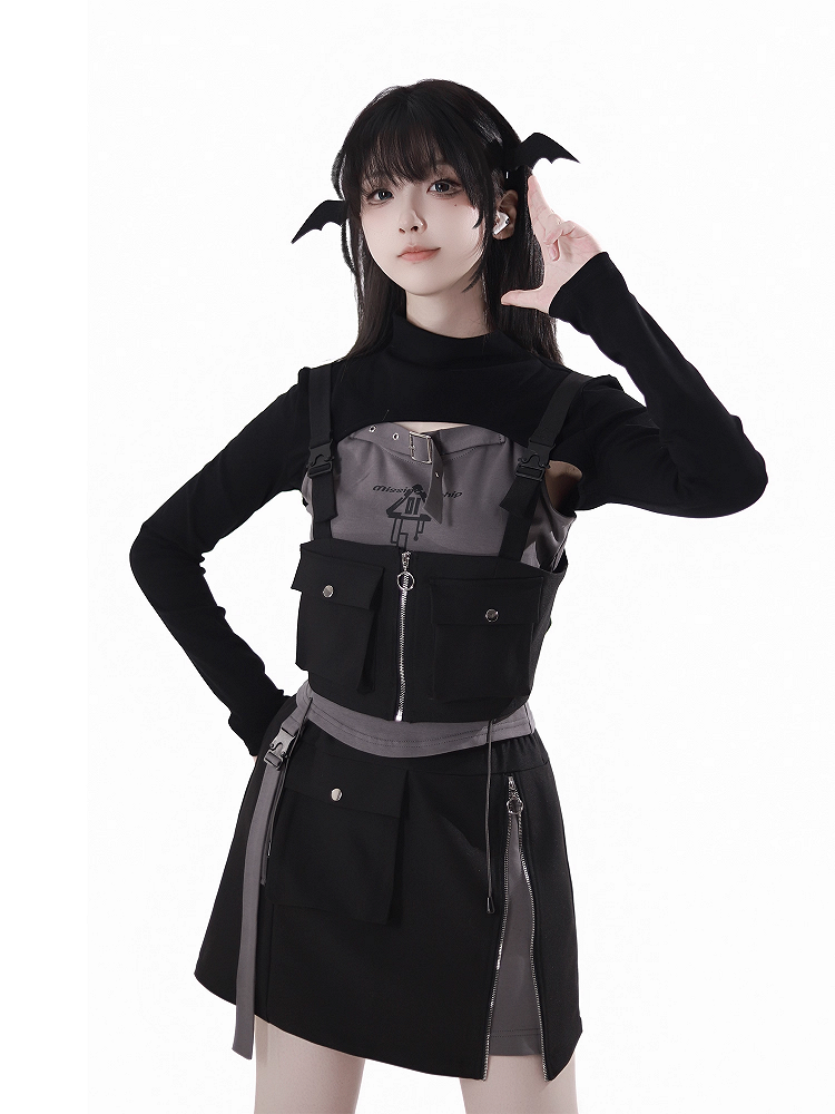 Details Shoulder Techwear Zip-up Vest Snap Straps Black Pocket