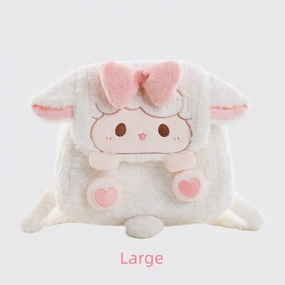 White Lamb Bowknot Plush Flap Backpack Bag Middle/Large Size
