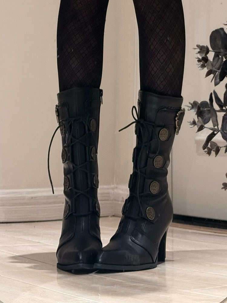 Schnürstiefel mit spitzer Spitze und Schnalle aus Leder, halbhohe Stiefel, elegante Verzierungen – mit Absätzen, Lolita PU und Schwarz