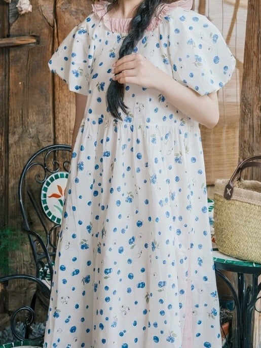 Blue and Pink Blueberry Print Ruffle Mori Kei Dress - Mori Doll