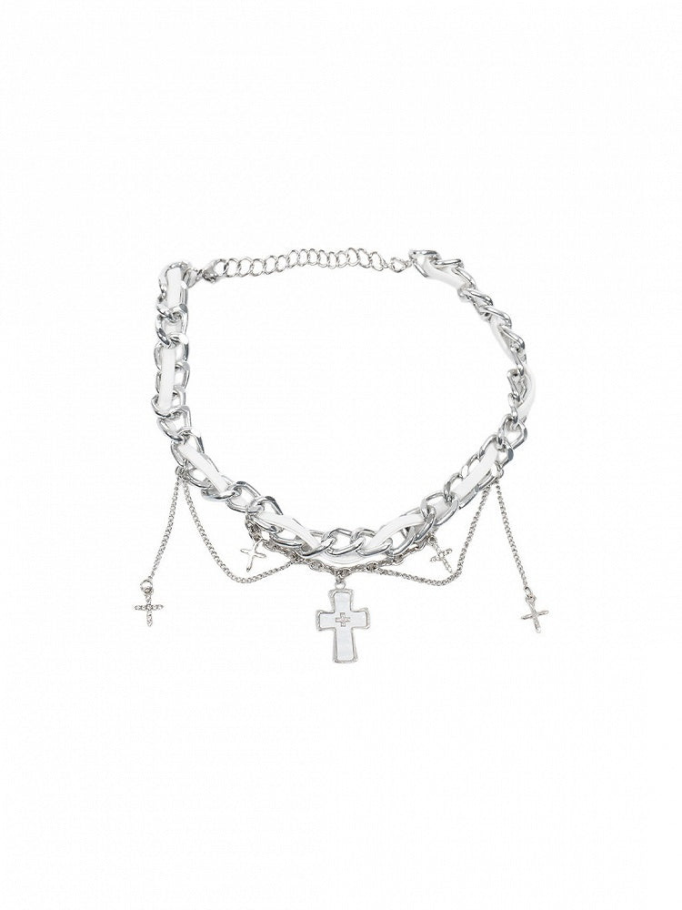 Silver Cross Pendant Necklace - White Accents - With PUJI