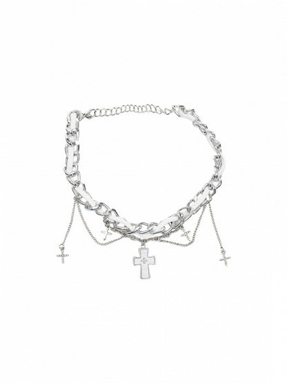 Silver Cross Pendant Necklace - White Accents - With PUJI