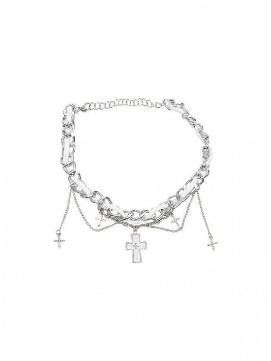 Silver Cross Pendant Necklace - White Accents - With PUJI