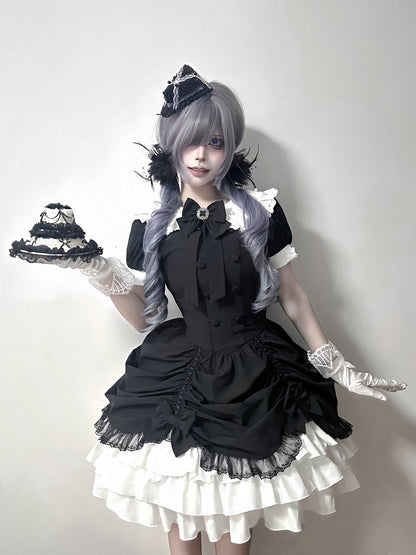 and Asymmetrical Dress Black Lolita Peter Pan White Skirt Tiered Gothic Sleeves Collar Short