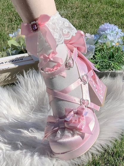 Details Crisscross - Embroidered High Pink with Platform Bow Design Floral Lolita Heel Sweet Block Shoes