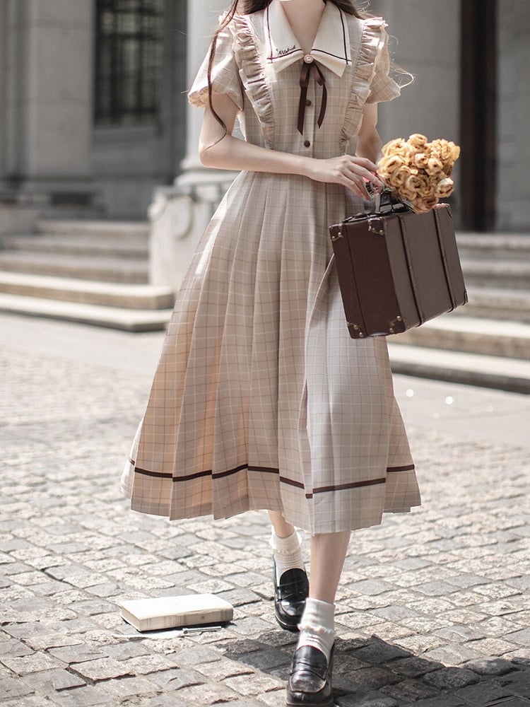 Plaid Elegant Puff Tie Coffee Light Sleeves Dress with Skirt Pleated