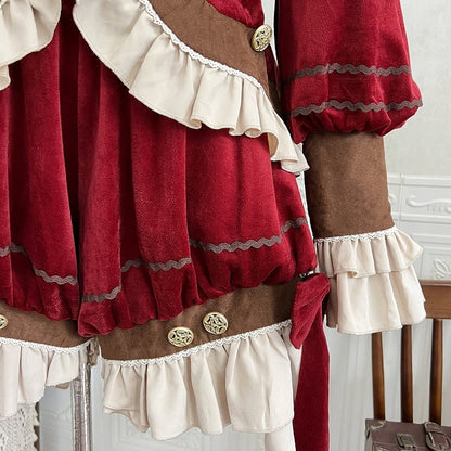 Pieces Set-Beige Ouji Aristocrat Lolita Waist Fashion Red Shirt+Coat+High Christmas Three Shorts