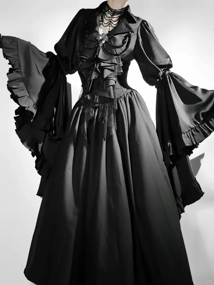 Schwarz / Dunkelblaues Aristocrat Gothic Hemd mit langen Glockenärmeln