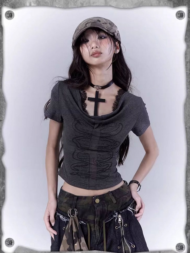 Dark Gray Cowl Neckline Cross Cutout Detail T-Shirt