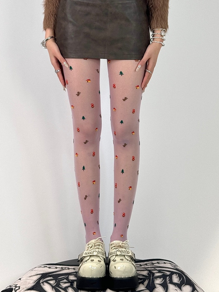 White/Purple/Gray Christmas Print Design Tights