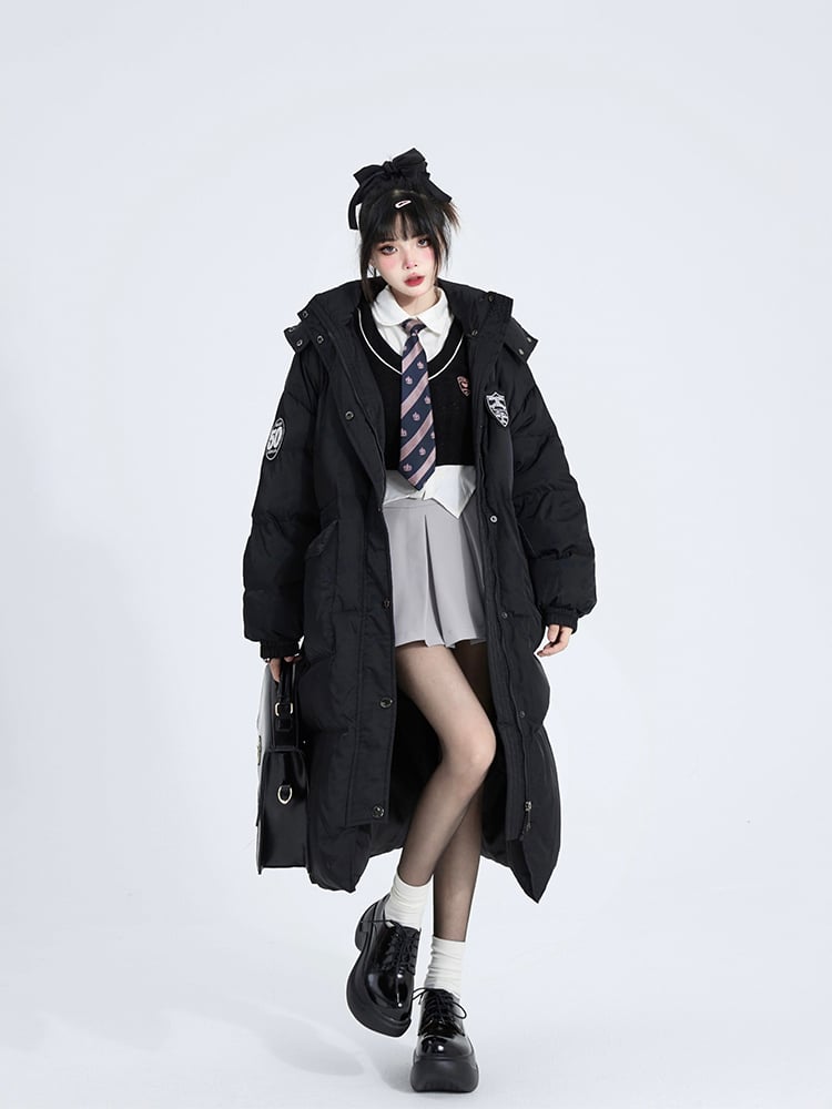 Coat Preppy Padded/Down Hooded Mandarin Badge Black with Mid-Length Collar Patches